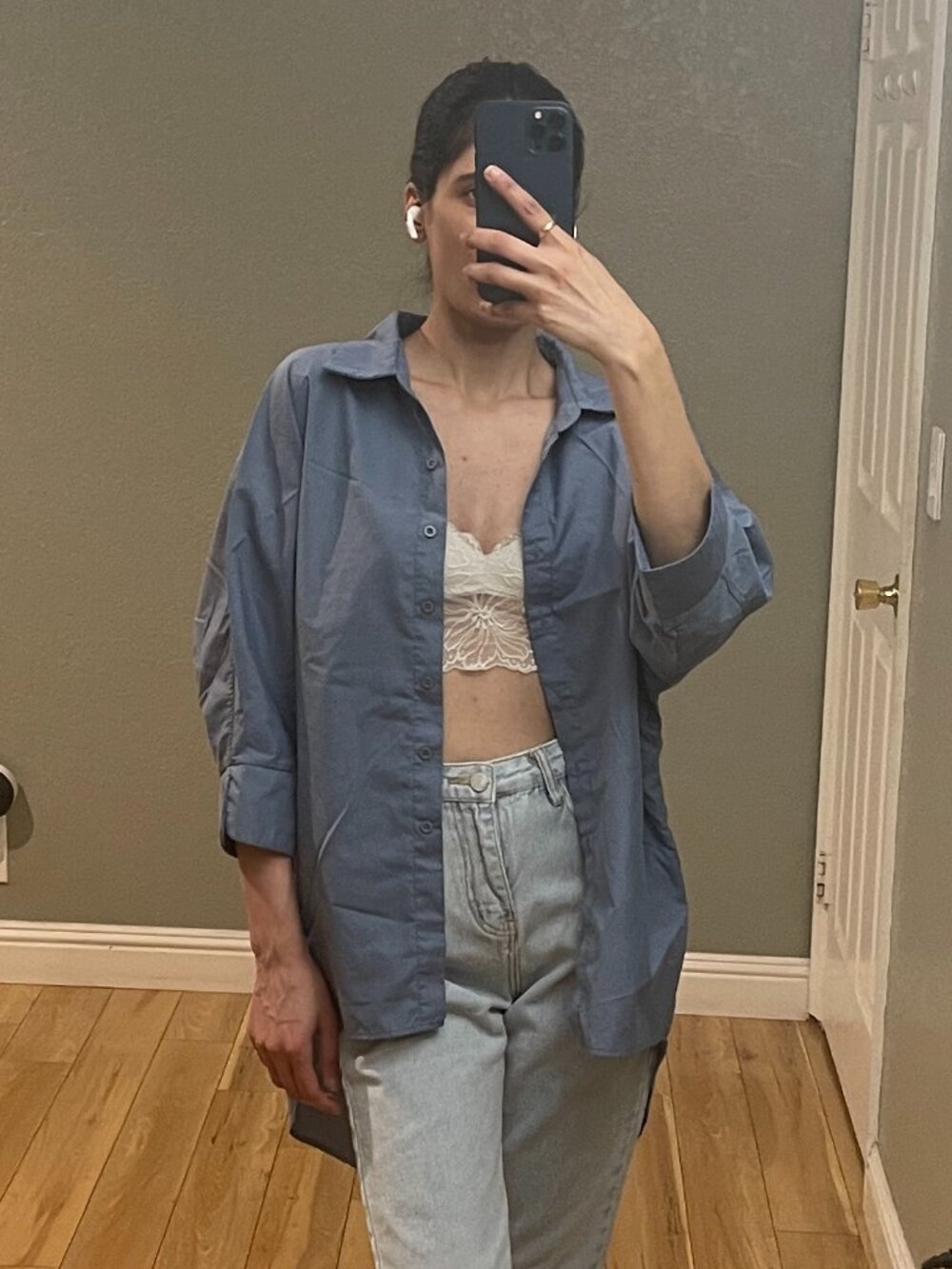 blue oversized button-down shirt